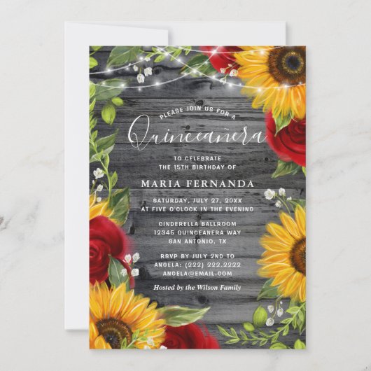 Rustige zonnebloem Bourgogne Roos Wood Quinceanera Kaart (Voorkant)