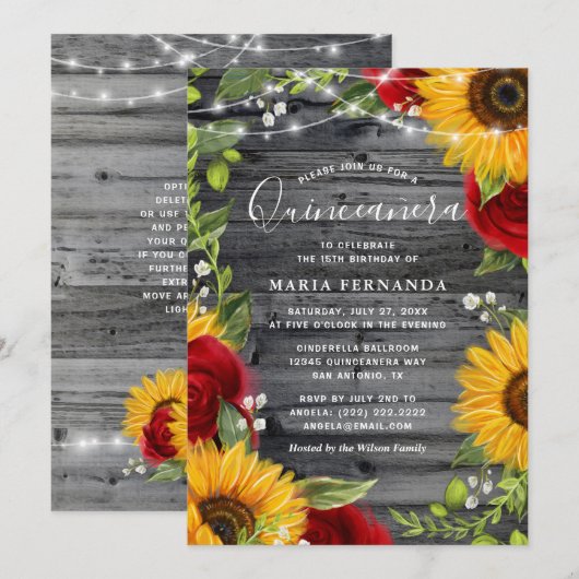 Rustige zonnebloem Bourgogne Roos Wood Quinceanera Kaart (Voorkant / Achterkant)