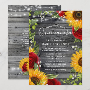Rustige zonnebloem Bourgogne Roos Wood Quinceanera Kaart