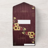Rustige zonnebloem Bourgundy Wood Floral Weddensch All In One Uitnodiging (Buitenkant)