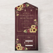 Rustige zonnebloem Bourgundy Wood Floral Weddensch All In One Uitnodiging (Binnen)