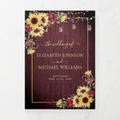 Rustige zonnebloem Bourgundy Wood Floral Wedding Drieluik Uitnodiging (Cover)