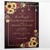 Rustige zonnebloem Bourgundy Wood Floral Wedding Drieluik Uitnodiging (Binnenzijde eerst)
