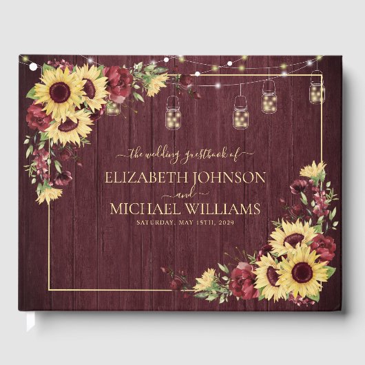 Rustige zonnebloem Bourgundy Wood Floral Wedding Gastenboek (Voorkant)
