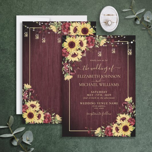 Rustige zonnebloem Bourgundy Wood Floral Wedding Kaart