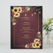 Rustige zonnebloem Bourgundy Wood Floral Wedding Menu (Staand voorkant)