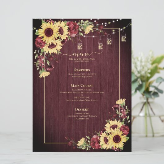 Rustige zonnebloem Bourgundy Wood Floral Wedding Menu (Staand voorkant)