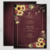 Rustige zonnebloem Bourgundy Wood Floral Wedding Menu (Voorkant / Achterkant)