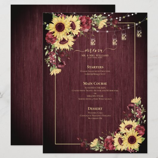 Rustige zonnebloem Bourgundy Wood Floral Wedding Menu (Voorkant / Achterkant)