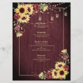 Rustige zonnebloem Bourgundy Wood Floral Wedding Menu (Voorkant)