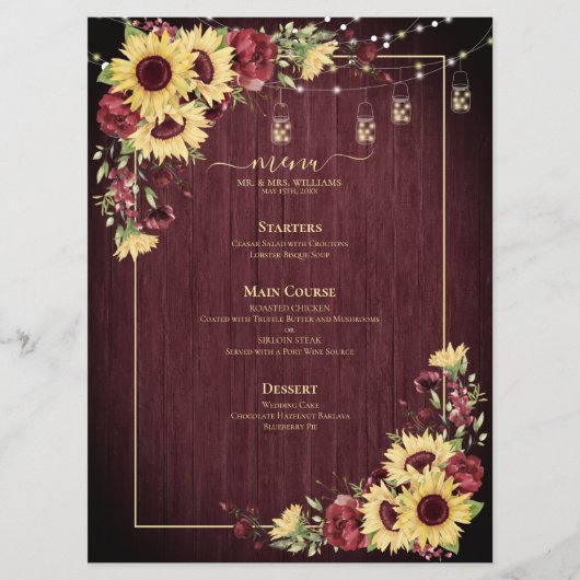 Rustige zonnebloem Bourgundy Wood Floral Wedding Menu (Voorkant)