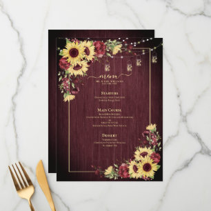Rustige zonnebloem Bourgundy Wood Floral Wedding Menu