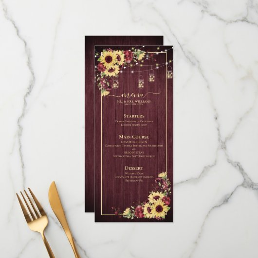 Rustige zonnebloem Bourgundy Wood Floral Wedding Menu (Voorkant / Achterkant in situ)