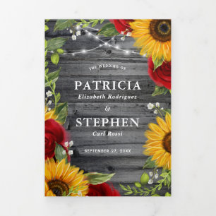 Rustige zonnebloem Burgundy Red Rose Foto bruiloft Drieluik Kaart