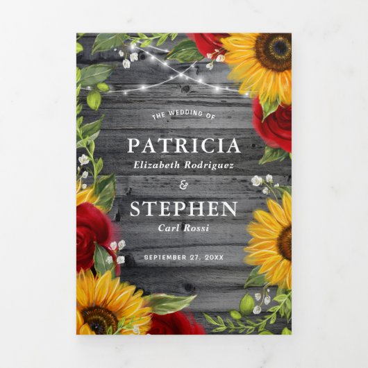 Rustige zonnebloem Burgundy Red Rose Foto bruiloft Drieluik Kaart (Cover)