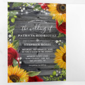 Rustige zonnebloem Burgundy Red Rose Foto bruiloft Drieluik Kaart (Binnenzijde eerst)