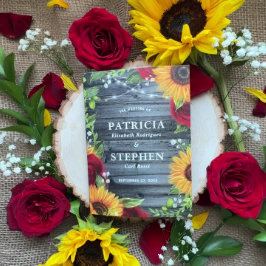 Rustige zonnebloem Burgundy Red Rose Foto bruiloft Drieluik Kaart