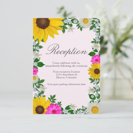 Rustige zonnebloem Daisy Floral Wedding Reception Informatiekaartje (Staand voorkant)