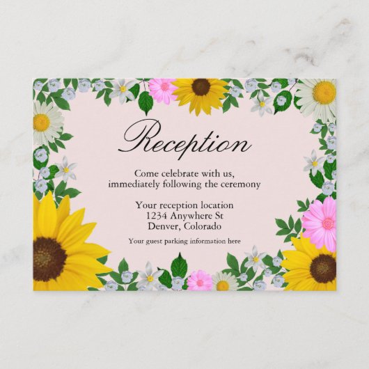 Rustige zonnebloem Daisy Floral Wedding Reception Informatiekaartje (Voorkant)