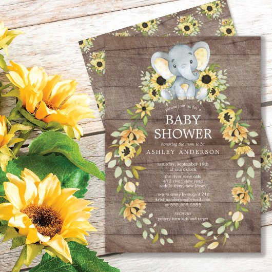 Rustige zonnebloem en Baby Elefant Baby shower Kaart