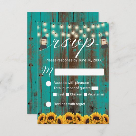 Rustige zonnebloem en Blauwgroen Barn Wedding RSVP (Voorkant / Achterkant)