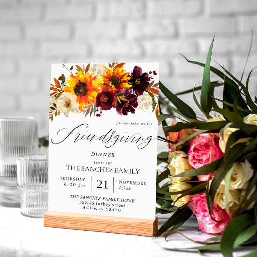 Rustige zonnebloem en Bourgogne Floral Friendsgivi Kaart