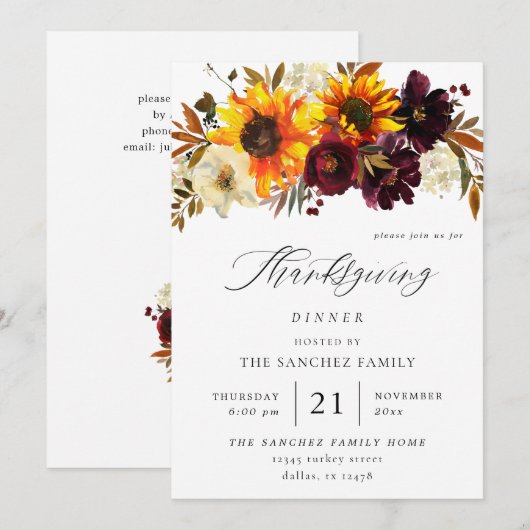 Rustige zonnebloem en Bourgogne Thanksgiving Kaart (Voorkant / Achterkant)