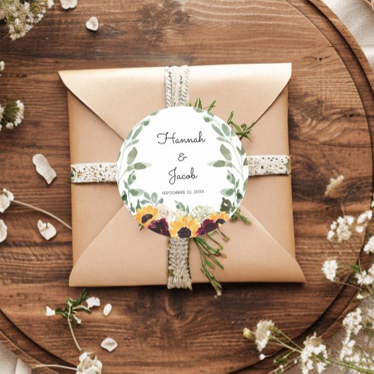 Rustige zonnebloem en Rozen bruiloft Ronde Sticker