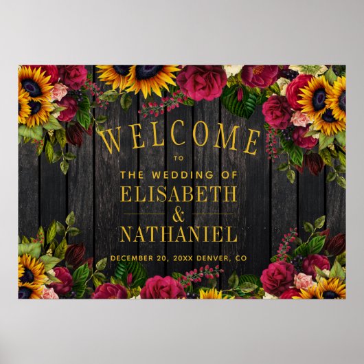 Rustige zonnebloem en rozen trouwwelkomstbord poster (Voorkant)