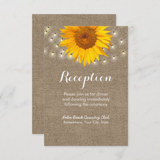 Rustige zonnebloem en tapelucht Burlap-ontvangst Informatiekaartje (Voorkant / Achterkant)