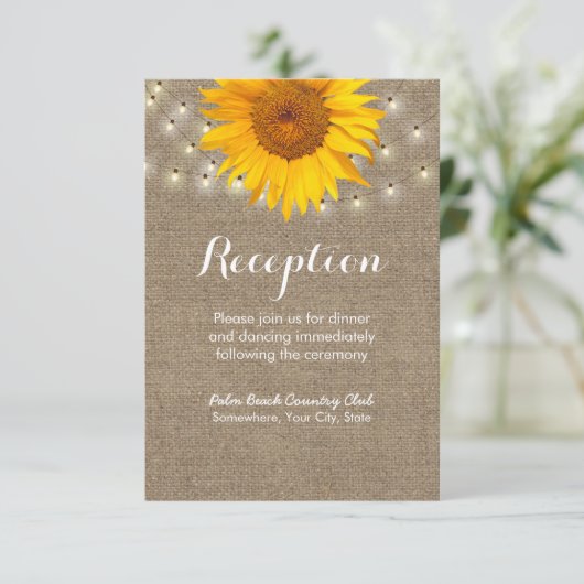 Rustige zonnebloem en tapelucht Burlap-ontvangst Informatiekaartje (Staand voorkant)