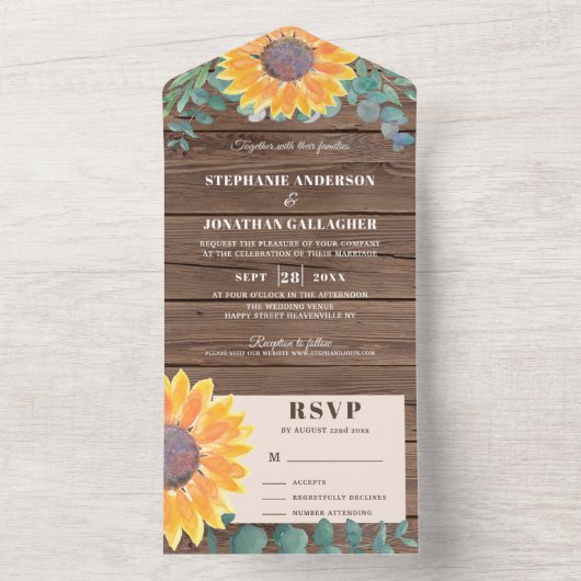 Rustige zonnebloem Eucalyptus Barn Wood All In One Uitnodiging (Binnen)