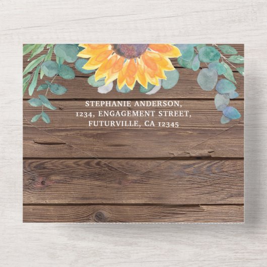 Rustige zonnebloem Eucalyptus Barn Wood All In One Uitnodiging (Achterkant)