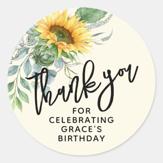 Rustige zonnebloem Eucalyptus Birthday Dank je Ronde Sticker (Voorkant)