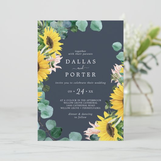 Rustige zonnebloem Eucalyptus | Casual marinebruil Kaart (Staand voorkant)