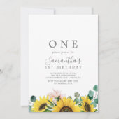 Rustige Zonnebloem Eucalyptus First Birthday Party Kaart (Voorkant)