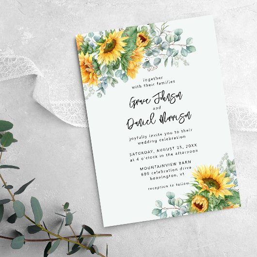 Rustige zonnebloem Eucalyptus Floral Wedding Kaart