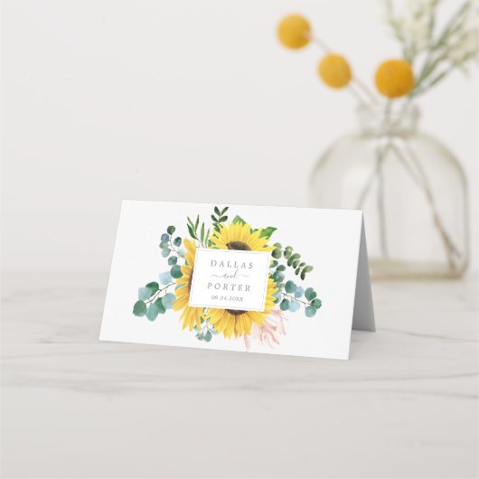 Rustige zonnebloem Eucalyptus Folded Wedding Plaatskaartje (Achterkant)