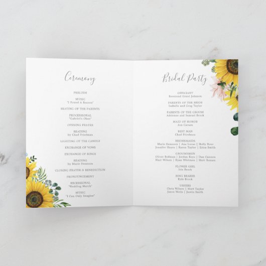 Rustige zonnebloem Eucalyptus Folded Wedding Programma (Binnen)
