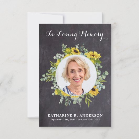 Rustige zonnebloem Eucalyptus Fotosympathie begraf Bedankkaart (Voorkant)