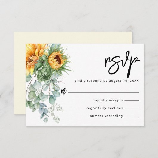 Rustige zonnebloem Eucalyptus Greenery Wedding RSVP Kaartje (Voorkant / Achterkant)