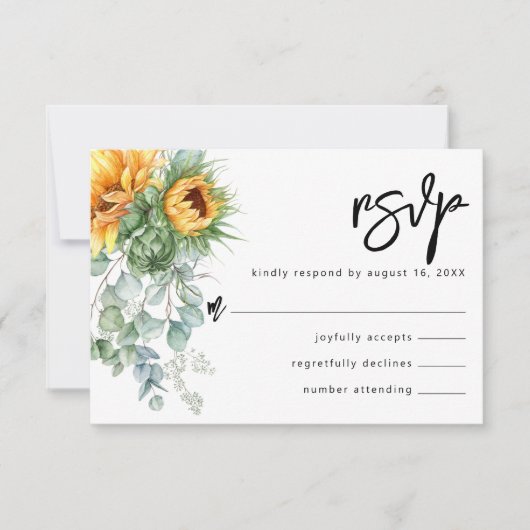Rustige zonnebloem Eucalyptus Greenery Wedding RSVP Kaartje (Voorkant)