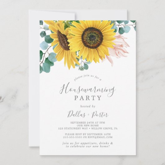 Rustige Zonnebloem Eucalyptus Housewarming Party Kaart (Voorkant)