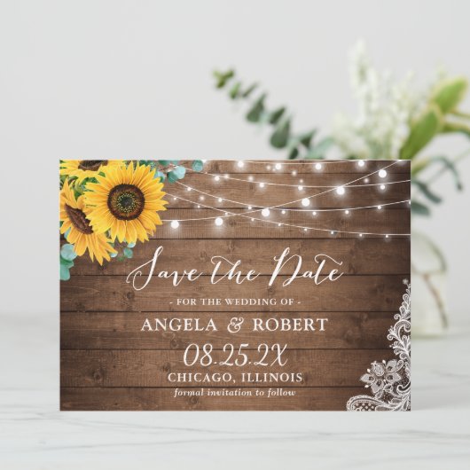 Rustige zonnebloem Eucalyptus String Lights Weddin Save The Date (Staand voorkant)