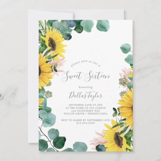 Rustige Zonnebloem Eucalyptus Sweet Zestien verjaa Kaart (Voorkant)