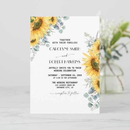 Rustige zonnebloem Eucalyptus Waterverf bruiloft Kaart (Staand voorkant)