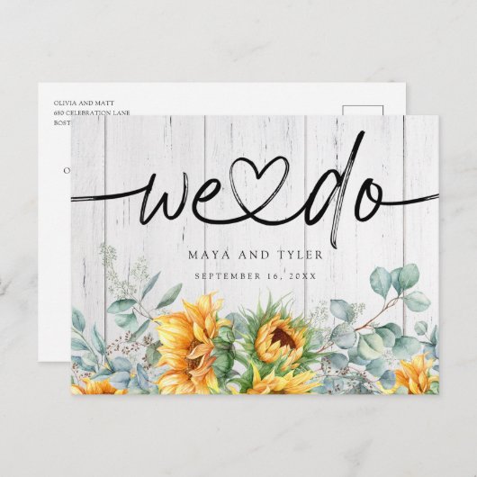 Rustige zonnebloem Eucalyptus We sparen de datum Aankondigingskaart (Voorkant / Achterkant)