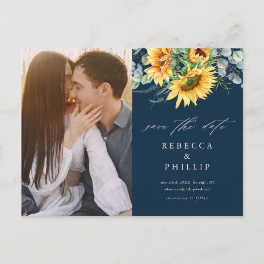 Rustige zonnebloem Eucalyptus Weddenschap sparen d Aankondigingskaart (Voorkant)