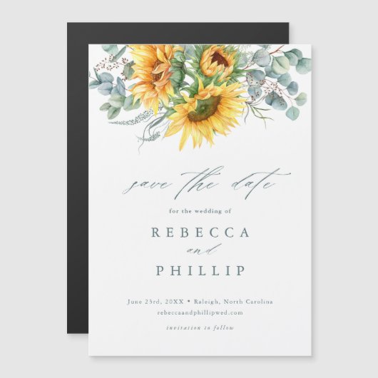Rustige zonnebloem Eucalyptus Weddenschap sparen d Magnetische Uitnodiging (Voorkant / Achterkant)
