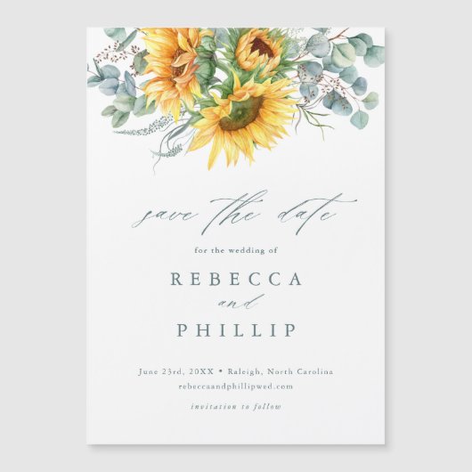 Rustige zonnebloem Eucalyptus Weddenschap sparen d Magnetische Uitnodiging (Voorkant)